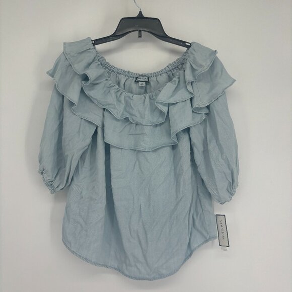 Sam & Jess Women's 3/4 Sleeve Ruffled Off-The-Shoulder Top Blue Size Medium NWT - Picture 2 of 8